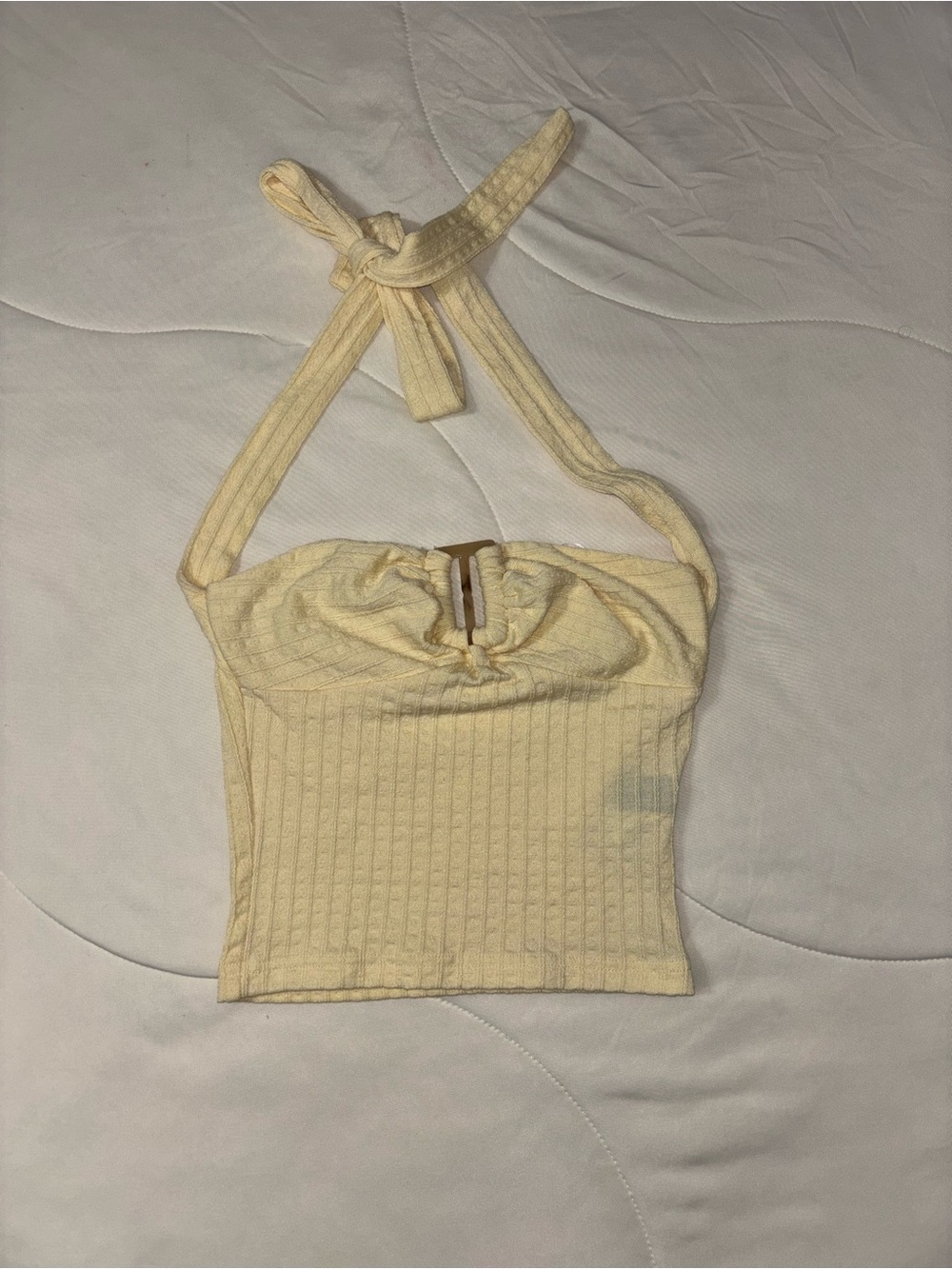 SHEIN Pale Yellow Ribbed Halter Crop Top with Keyhole